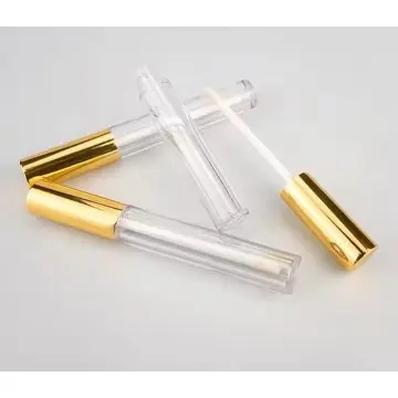 Tube de gloss et brillant à lèvres en plastique transparent avec applicateur intégré et capuchon métal doré - Fati Pack Emballag