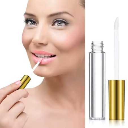 Tube de gloss et brillant à lèvres en plastique transparent avec applicateur intégré et capuchon métal doré - Fati Pack Emballag