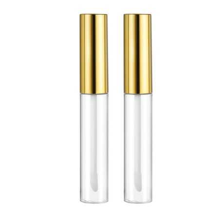 Tube de gloss et brillant à lèvres en plastique transparent avec applicateur intégré et capuchon métal doré - Fati Pack Emballag