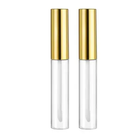 Tube de gloss et brillant à lèvres en plastique transparent avec applicateur intégré et capuchon métal doré - Fati Pack Emballag