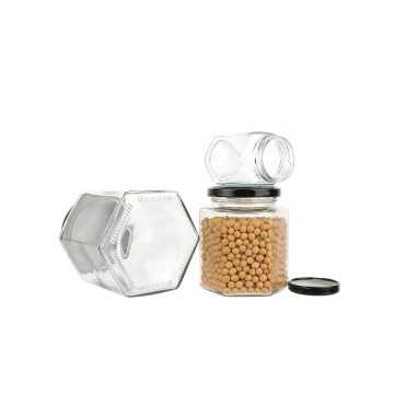 Bocaux alimentaires en verre hexagonal hermétique avec couvercle métal noir ou argenté - Fati Pack Emballage Maroc