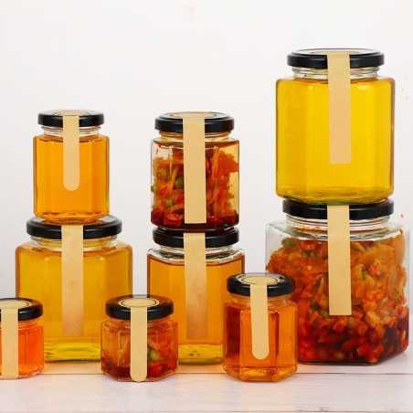 Bocaux alimentaires en verre hexagonal hermétique avec couvercle métal noir ou argenté - Fati Pack Emballage Maroc