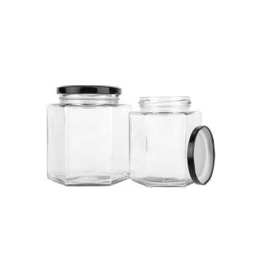 Bocaux alimentaires en verre hexagonal hermétique avec couvercle métal noir ou argenté - Fati Pack Emballage Maroc