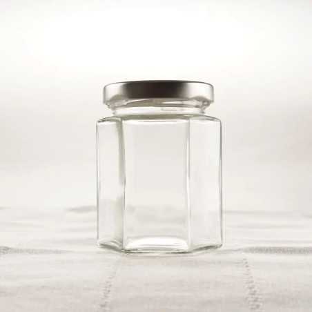 Bocaux alimentaires en verre hexagonal hermétique avec couvercle métal noir ou argenté - Fati Pack Emballage Maroc