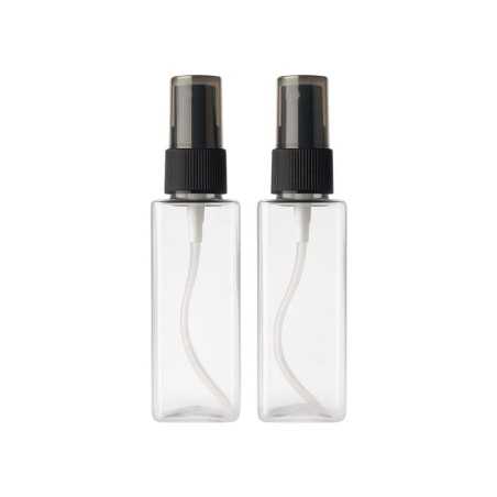 Flacon Spray en Plastique Transparent avec Pompe Pulvérisant Noire – Bouteille Rectangulaire pour Cosmétiques, Parfums - Fatipac