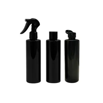 Bouteille cylindrique en plastique noir avec spray ou bouchon verseur - Fatipack Emballage Maroc