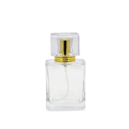 Flacon de Parfum Carré en Verre Transparent – Spray Doré avec Capuchon Acrylique Haut de Gamme - Fatipack Group Emballage Maroc