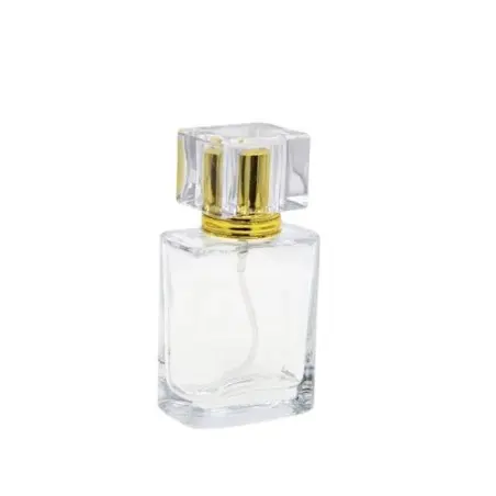 Flacon de Parfum Carré en Verre Transparent – Spray Doré avec Capuchon Acrylique Haut de Gamme - Fatipack Group Emballage Maroc