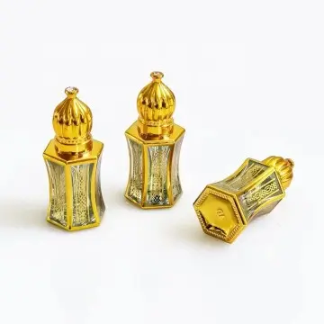 Flacon en Verre Octogonale Décoratif pour Huile Essentielle, Parfum Oud ou Attar, avec Motifs Dorés , roll on et Capuchon Doré