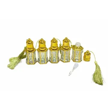 Flacon en Verre Octogonale Décoratif pour Huile Essentielle, Parfum Oud ou Attar, avec Motifs Dorés , roll on et Capuchon Doré