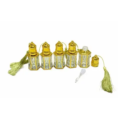 Flacon en Verre Octogonale Décoratif pour Huile Essentielle, Parfum Oud ou Attar, avec Motifs Dorés , roll on et Capuchon Doré