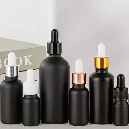 Nouvel Arrivage – Flacons en Verre Givré Noir Mat avec Pipette Compte-Goutte - Fatipack Group Emballage Maroc