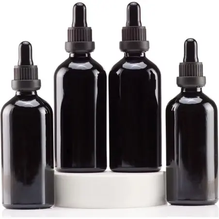 Flacons Cosmétiques Noir Brillant Haut de Gamme avec Pipette Professionnelle - Fatipack Group Emballage Maroc