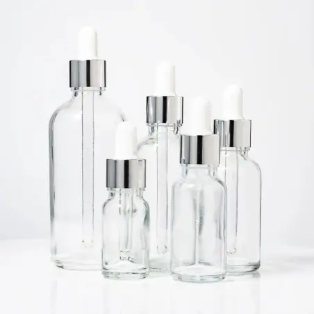 Flacons en Verre Transparent pour Soins Liquides avec Bouchon Compte-Gouttes Argenté - Fatipack Group Emballage Maroc