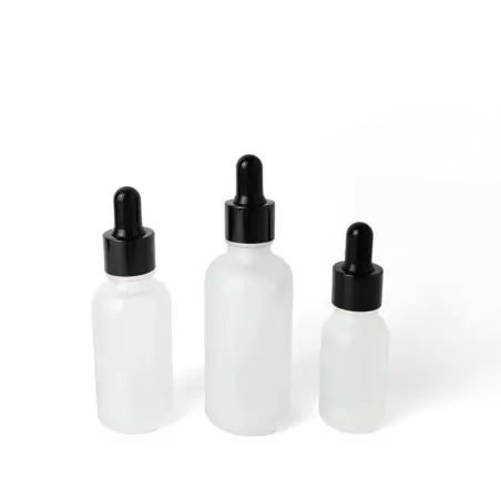Flacon Compte-Gouttes en Verre Semi-Transparent Givré avec Pipette Noire - Fatipack Group Emballage Maroc