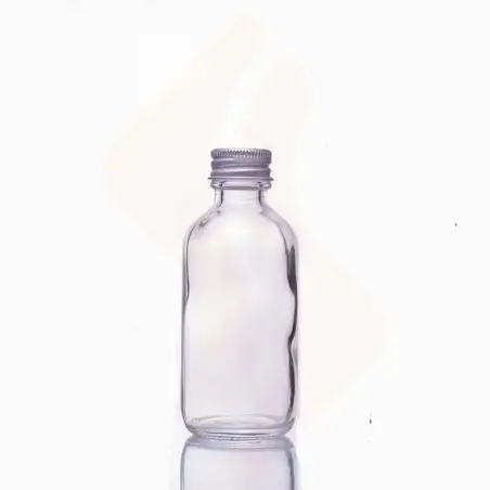 Flacon 100 ml en verre transparent avec bouchon à vis hermétique argenté - Fatipack Group Emballage Maroc