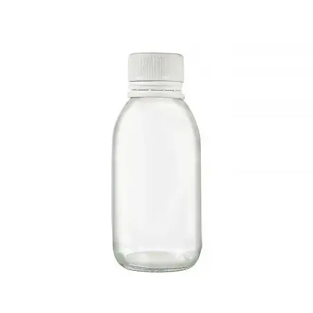 Flacon sirop pharmaceutique verre transparent avec bouchon sécurité blanc - Fatipack Group Emballage Maroc