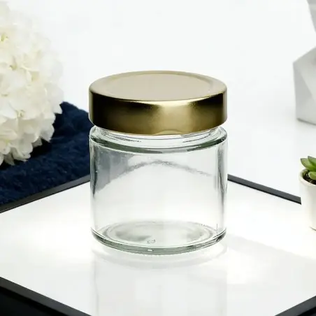 Bocaux en verre alimentaire transparent avec couvercle twist-off métallique doré 250g - Fatipack Emballage Maroc
