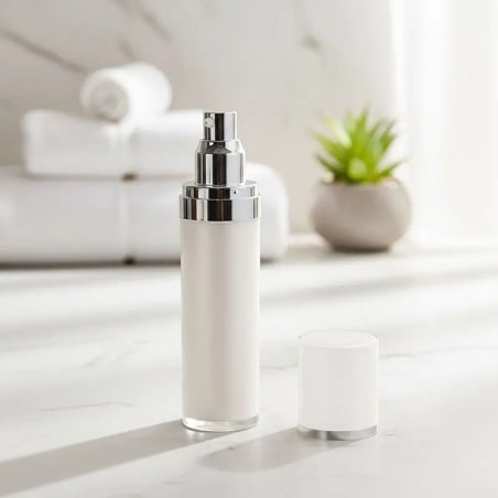 Flacon Airless Acrylique Blanc avec Double Bague Argentée pour Emballage Cosmétique de Luxe - Fatipack Group Emballage Maroc