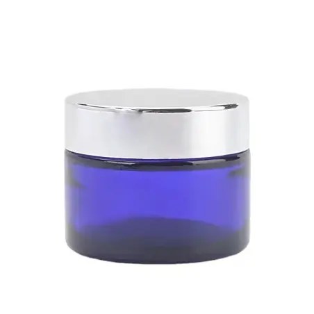 Pot en Verre Bleu pour l'Emballage Cosmétique avec Couvercle Argenté - Fati Pack Emballage Maroc