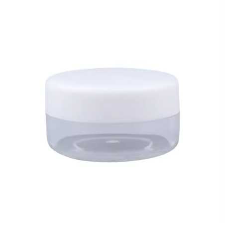 Petit pot cosmétique rond en plastique transparent avec couvercle blanc pour echantillon cosmétique - Fati Pack