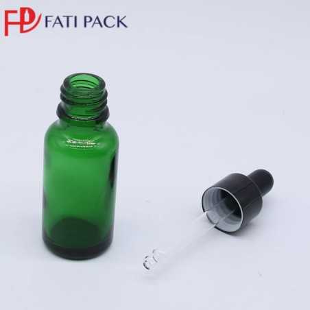 Flacon compte-gouttes d'huile verre vert avec cercle doré et pipette blanc 10ml 15ml 30ml 50ml 100ml - Fati Pack Emballage