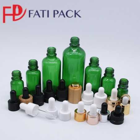 Flacon compte-gouttes d'huile verre vert avec cercle doré et pipette blanc 10ml 15ml 30ml 50ml 100ml - Fati Pack Emballage