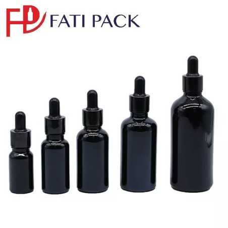 Flacon compte gouttes d'huile essentielle en verre noir avec pipette noir, emballage cosmétique - Fati Pack Packaging Maroc